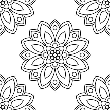 Süslü mandala ile kusursuz bir şablon. Soyut yuvarlak karalama çiçek arkaplanı. Çiçekli geometrik çember. Vektör illüstrasyonu.  