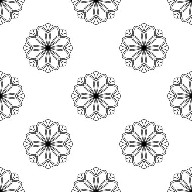 Süslü mandala ile kusursuz bir şablon. Soyut yuvarlak karalama çiçek arkaplanı. Çiçekli geometrik çember. Vektör illüstrasyonu.  