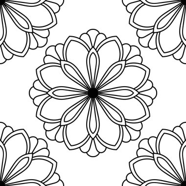 Süslü mandala ile kusursuz bir şablon. Soyut yuvarlak karalama çiçek arkaplanı. Çiçekli geometrik çember. Vektör illüstrasyonu.  