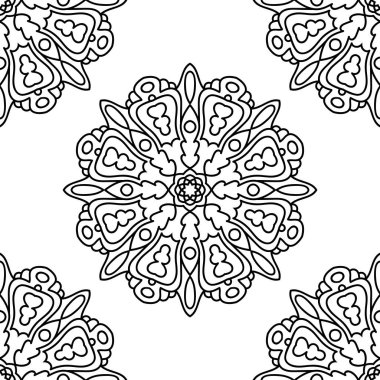 Süslü mandala ile kusursuz bir şablon. Soyut yuvarlak karalama çiçek arkaplanı. Çiçekli geometrik çember. Vektör illüstrasyonu.  