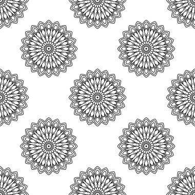 Süslü mandala ile kusursuz bir şablon. Soyut yuvarlak karalama çiçek arkaplanı. Çiçekli geometrik çember. Vektör illüstrasyonu.  