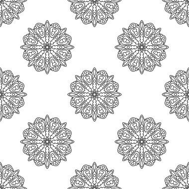 Süslü mandala ile kusursuz bir şablon. Soyut yuvarlak karalama çiçek arkaplanı. Çiçekli geometrik çember. Vektör illüstrasyonu.  