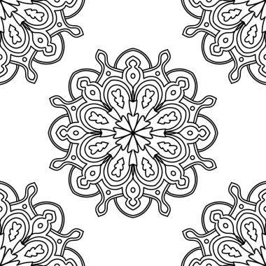 Süslü mandala ile kusursuz bir şablon. Soyut yuvarlak karalama çiçek arkaplanı. Çiçekli geometrik çember. Vektör illüstrasyonu.  
