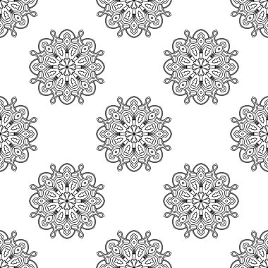 Süslü mandala ile kusursuz bir şablon. Soyut yuvarlak karalama çiçek arkaplanı. Çiçekli geometrik çember. Vektör illüstrasyonu.  