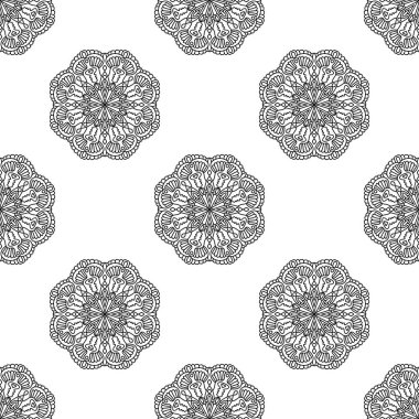 Süslü mandala ile kusursuz bir şablon. Soyut yuvarlak karalama çiçek arkaplanı. Çiçekli geometrik çember. Vektör illüstrasyonu.  