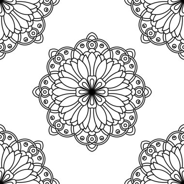Süslü mandala ile kusursuz bir şablon. Soyut yuvarlak karalama çiçek arkaplanı. Çiçekli geometrik çember. Vektör illüstrasyonu.  