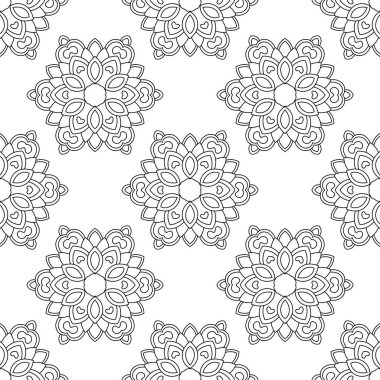 Süslü mandala ile kusursuz bir şablon. Soyut yuvarlak karalama çiçek arkaplanı. Çiçekli geometrik çember. Vektör illüstrasyonu.  