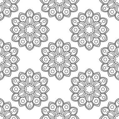 Süslü mandala ile kusursuz bir şablon. Soyut yuvarlak karalama çiçek arkaplanı. Çiçekli geometrik çember. Vektör illüstrasyonu.  