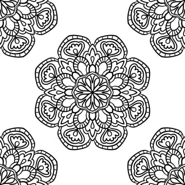 Süslü mandala ile kusursuz bir şablon. Soyut yuvarlak karalama çiçek arkaplanı. Çiçekli geometrik çember. Vektör illüstrasyonu.  