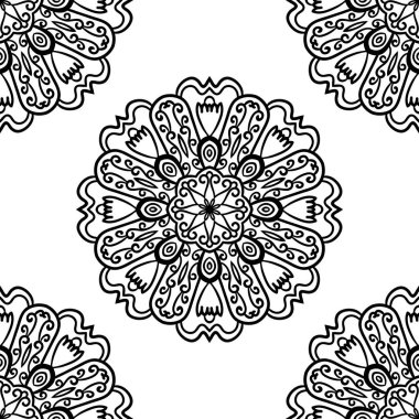 Süslü mandala ile kusursuz bir şablon. Soyut yuvarlak karalama çiçek arkaplanı. Çiçekli geometrik çember. Vektör illüstrasyonu.  