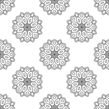 Süslü mandala ile kusursuz bir şablon. Soyut yuvarlak karalama çiçek arkaplanı. Çiçekli geometrik çember. Vektör illüstrasyonu.  