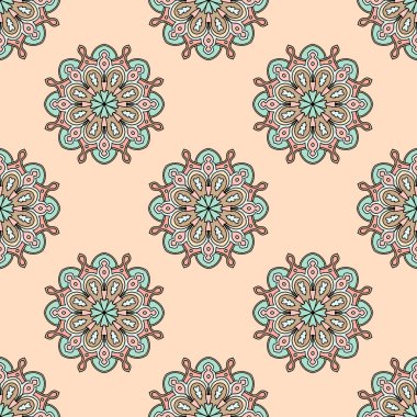 Mandala çiçeğiyle soyut, pürüzsüz desen. Mozaik, fayans. Çiçek arkaplan. Vektör illüstrasyonu.    