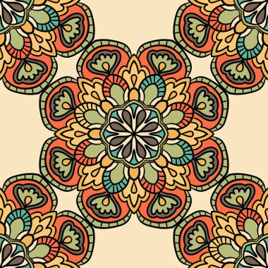 Mandala çiçeğiyle soyut, pürüzsüz desen. Mozaik, fayans. Çiçek arkaplan. Vektör illüstrasyonu.    