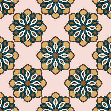 Mandala çiçeğiyle soyut, pürüzsüz desen. Mozaik, fayans. Çiçek arkaplan. Vektör illüstrasyonu.    