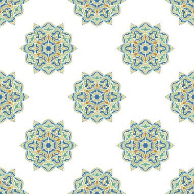 Mandala çiçeğiyle soyut, pürüzsüz desen. Mozaik, fayans. Çiçek arkaplan. Vektör illüstrasyonu.    