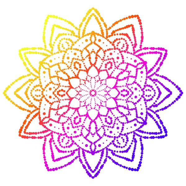 Renkli noktalı mandala. Gradyan çiçek dekoratif elementi. Süslü, yuvarlak karalama çiçeği beyaz arka planda izole edilmiş. Geometrik daire elementi. Vektör illüstrasyonu.