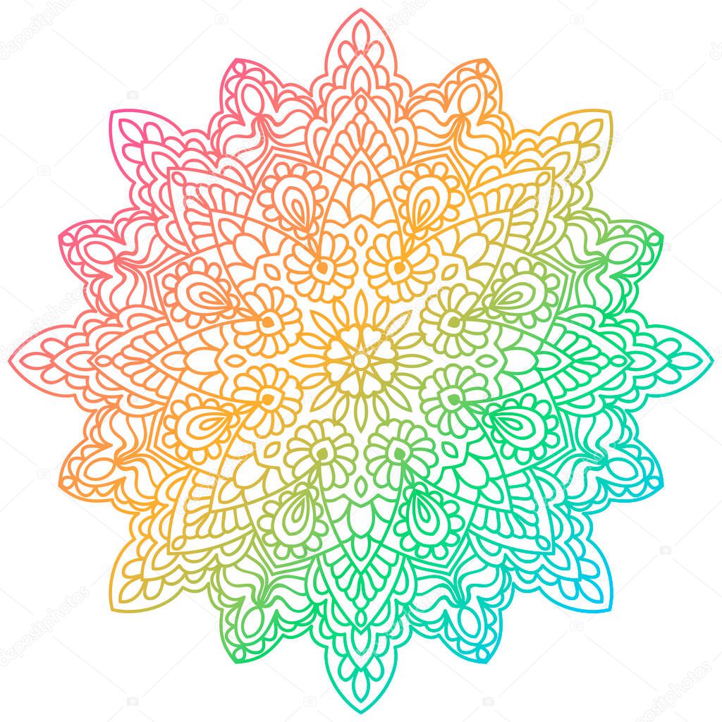 Colorful outline flower mandala. Ornamental round doodle flower isolated on white background. Geometric circle element. Vector illustration.
