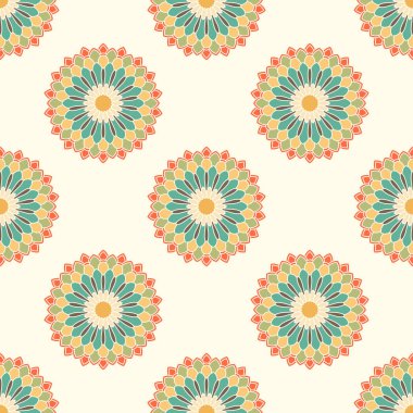 Mandala çiçeğiyle soyut, pürüzsüz desen. Mozaik, fayans. Çiçek arkaplan. Vektör illüstrasyonu.    