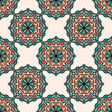 Mandala çiçeğiyle soyut, pürüzsüz desen. Mozaik, fayans. Çiçek arkaplan. Vektör illüstrasyonu.    