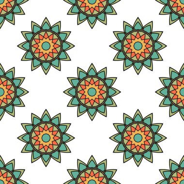 Mandala çiçeğiyle soyut, pürüzsüz desen. Mozaik, fayans. Çiçek arkaplan. Vektör illüstrasyonu.    