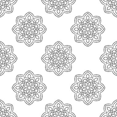 Mandala çiçeğiyle soyut noktasız desen. Mozaik, fayans. Çiçek arkaplan. Vektör illüstrasyonu.     