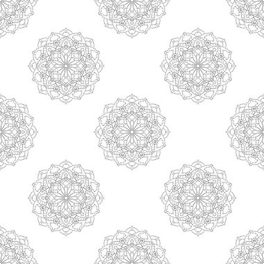 Süslü mandala ile kusursuz bir şablon. Soyut yuvarlak karalama çiçek arkaplanı. Çiçekli geometrik çember. Vektör illüstrasyonu. 