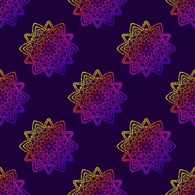 Süslü mandala ile kusursuz bir şablon. Soyut yuvarlak karalama çiçek arkaplanı. Çiçekli geometrik çember. Vektör illüstrasyonu. 
