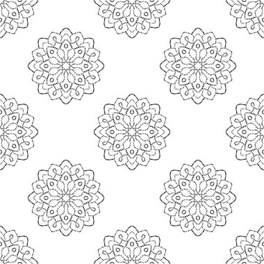 Süslü mandala ile kusursuz bir şablon. Soyut yuvarlak karalama çiçek arkaplanı. Çiçekli geometrik çember. Vektör illüstrasyonu. 