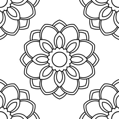 Süslü mandala ile kusursuz bir şablon. Soyut yuvarlak karalama çiçek arkaplanı. Çiçekli geometrik çember. Vektör illüstrasyonu. 