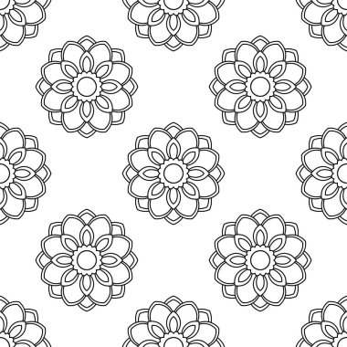 Süslü mandala ile kusursuz bir şablon. Soyut yuvarlak karalama çiçek arkaplanı. Çiçekli geometrik çember. Vektör illüstrasyonu. 
