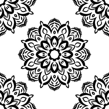 Süslü mandala ile kusursuz bir şablon. Soyut yuvarlak karalama çiçek arkaplanı. Çiçekli geometrik çember. Vektör illüstrasyonu. 
