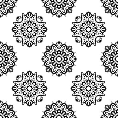 Süslü mandala ile kusursuz bir şablon. Soyut yuvarlak karalama çiçek arkaplanı. Çiçekli geometrik çember. Vektör illüstrasyonu. 