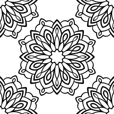 Süslü mandala ile kusursuz bir şablon. Soyut yuvarlak karalama çiçek arkaplanı. Çiçekli geometrik çember. Vektör illüstrasyonu. 
