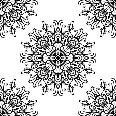Süslü mandala ile kusursuz bir şablon. Soyut yuvarlak karalama çiçek arkaplanı. Çiçekli geometrik çember. Vektör illüstrasyonu. 