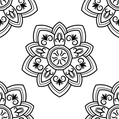 Süslü mandala ile kusursuz bir şablon. Soyut yuvarlak karalama çiçek arkaplanı. Çiçekli geometrik çember. Vektör illüstrasyonu. 