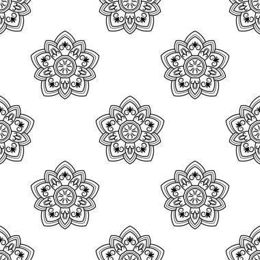 Süslü mandala ile kusursuz bir şablon. Soyut yuvarlak karalama çiçek arkaplanı. Çiçekli geometrik çember. Vektör illüstrasyonu. 