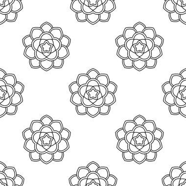 Süslü mandala ile kusursuz bir şablon. Soyut yuvarlak karalama çiçek arkaplanı. Çiçekli geometrik çember. Vektör illüstrasyonu. 