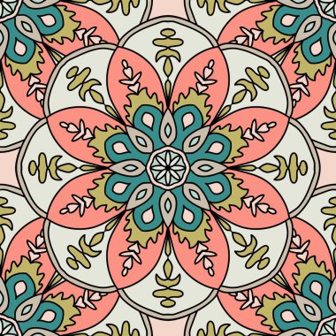 Mandala çiçeğiyle soyut, pürüzsüz desen. Mozaik, fayans. Çiçek arkaplan. Vektör illüstrasyonu.   