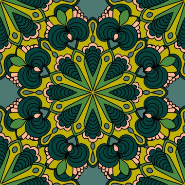 Mandala çiçeğiyle soyut, pürüzsüz desen. Mozaik, fayans. Çiçek arkaplan. Vektör illüstrasyonu.   