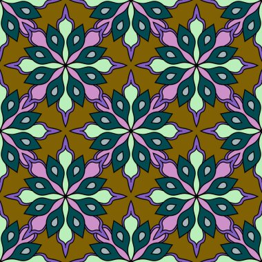 Mandala çiçeğiyle soyut, pürüzsüz desen. Mozaik, fayans. Çiçek arkaplan. Vektör illüstrasyonu.   