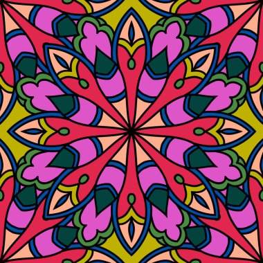 Mandala çiçeğiyle soyut, pürüzsüz desen. Mozaik, fayans. Çiçek arkaplan. Vektör illüstrasyonu.   