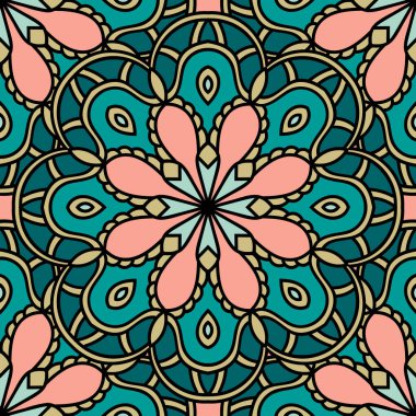 Mandala çiçeğiyle soyut, pürüzsüz desen. Mozaik, fayans. Çiçek arkaplan. Vektör illüstrasyonu.   