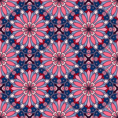 Mandala çiçeğiyle soyut, pürüzsüz desen. Mozaik, fayans. Çiçek arkaplan. Vektör illüstrasyonu.   