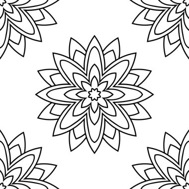 Süslü mandala ile kusursuz bir şablon. Soyut yuvarlak karalama çiçek arkaplanı. Çiçekli geometrik çember. Vektör illüstrasyonu.  