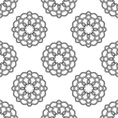 Süslü mandala ile kusursuz bir şablon. Soyut yuvarlak karalama çiçek arkaplanı. Çiçekli geometrik çember. Vektör illüstrasyonu.  