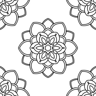 Süslü mandala ile kusursuz bir şablon. Soyut yuvarlak karalama çiçek arkaplanı. Çiçekli geometrik çember. Vektör illüstrasyonu.  