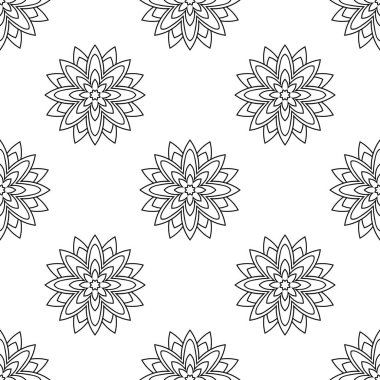 Süslü mandala ile kusursuz bir şablon. Soyut yuvarlak karalama çiçek arkaplanı. Çiçekli geometrik çember. Vektör illüstrasyonu.  