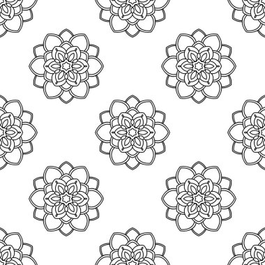 Süslü mandala ile kusursuz bir şablon. Soyut yuvarlak karalama çiçek arkaplanı. Çiçekli geometrik çember. Vektör illüstrasyonu.  