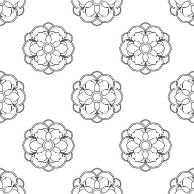 Süslü mandala ile kusursuz bir şablon. Soyut yuvarlak karalama çiçek arkaplanı. Çiçekli geometrik çember. Vektör illüstrasyonu.  