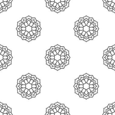 Süslü mandala ile kusursuz bir şablon. Soyut yuvarlak karalama çiçek arkaplanı. Çiçekli geometrik çember. Vektör illüstrasyonu.  
